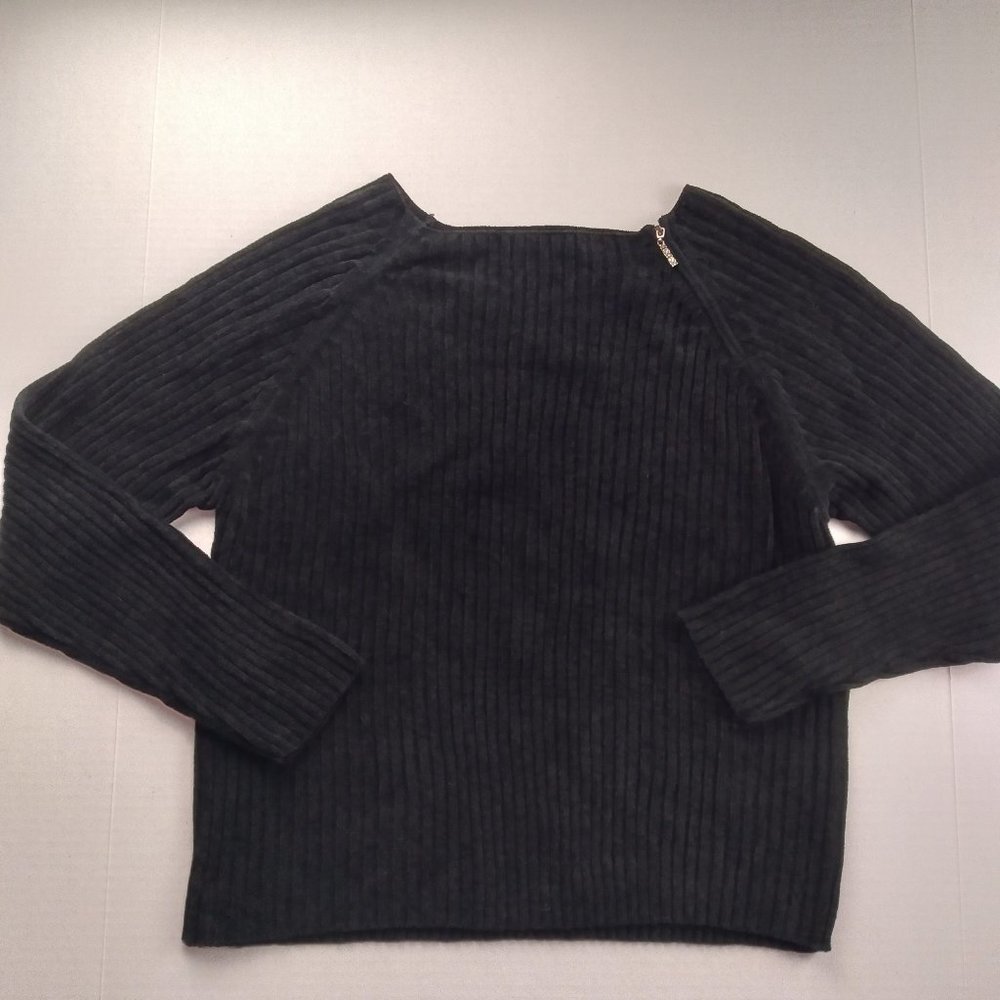 PACIFIC TRAIL Womens Pullover Sweater Size Large Black Ribbed Chenille w/ Zipper